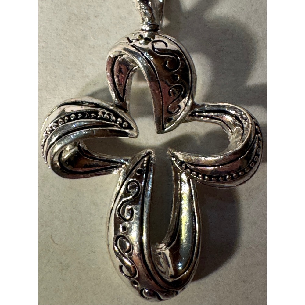 Silver Tone Scrollwork Open Ribbon Cross Pendant Religious Statement Jewelry